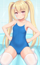 Rule 34 | 1girl, armpits, blonde hair, blush, breasts, closed mouth, competition school swimsuit, covered navel, frown, full body, hair ornament, hairclip, hands on own hips, highres, long hair, looking at viewer, original, pink eyes, sasaame, school swimsuit, sitting, small breasts, solo, swimsuit, thighhighs, twintails, very long hair, wariza, white thighhighs