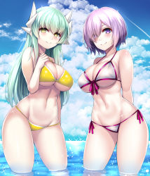 Rule 34 | 2girls, adapted costume, aqua hair, arms behind back, bikini, blue sky, blush, breasts, cleavage, closed mouth, cloud, cloudy sky, contrail, contrapposto, day, eyes visible through hair, fate/grand order, fate (series), front-tie bikini top, front-tie top, hair over one eye, hand on own chest, highres, horns, kiyohime (fate), kiyohime (swimsuit lancer) (first ascension) (fate), large breasts, long hair, looking at viewer, mash kyrielight, mash kyrielight (swimsuit of perpetual summer), multiple girls, nano (syoutamho), navel, official alternate costume, outdoors, purple eyes, purple hair, short hair, side-tie bikini bottom, sky, smile, sparkle, standing, stomach, swimsuit, underboob, wading, water, white bikini, yellow bikini, yellow eyes