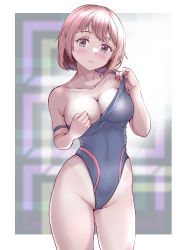 Rule 34 | 1girl, black one-piece swimsuit, blurry, breasts, brown eyes, clothes pull, competition school swimsuit, competition swimsuit, depth of field, groin, highleg, highleg swimsuit, highres, large breasts, mashinatsu, one-piece swimsuit, one-piece swimsuit pull, original, pink hair, school swimsuit, short hair, solo, strap slip, swimsuit, tan, tanline