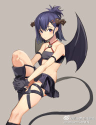 Rule 34 | 10s, 1girl, :|, bare shoulders, black footwear, black gloves, black skirt, black wings, boots, closed mouth, collarbone, demon girl, demon horns, demon tail, demon wings, expressionless, eyebrows, gabriel dropout, gloves, hair between eyes, hair ornament, hairclip, half updo, hallelujah essaim, horns, hugging own legs, knee boots, knees up, looking at viewer, midriff, navel, o-ring, o-ring top, pleated skirt, purple eyes, seinen, short hair, simple background, sitting, skirt, solo, tail, thigh strap, vignette tsukinose april, watermark, web address, weibo watermark, wings, x hair ornament