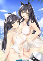 Rule 34 | :d, animal ears, arikawa rui, atago (azur lane), atago (summer march) (azur lane), atago (summer march) (azur lane), azur lane, ball, beach, beachball, bikini, bird, black hair, blush, bow, breasts, brown eyes, casual one-piece swimsuit, cleavage, criss-cross halter, day, extra ears, flower, groin, hair bow, hair flower, hair ornament, halterneck, highres, large breasts, long hair, looking at viewer, mole, mole under eye, navel, ocean, one-piece swimsuit, open mouth, outdoors, ponytail, ribbon, sand, sitting, smile, stomach, swimsuit, takao (azur lane), takao (beach rhapsody) (azur lane), tareme, very long hair, white bikini, white bow, white one-piece swimsuit