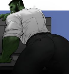 Rule 34 | 1boy, ass, ass focus, bara, beard, black hair, black pants, colored skin, dopey (dopq), facial hair, fangs, from behind, green skin, highres, leaning forward, looking at viewer, male focus, mature male, monster boy, muscular, muscular male, orc, original, paid reward available, pants, pointy ears, shirt, short hair, sleeves rolled up, solo, thick eyebrows, thick thighs, thighs, white shirt