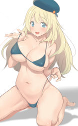 Rule 34 | 10s, 1girl, atago (kancolle), bikini, blonde hair, blue bikini, blue eyes, blush, breasts, cameltoe, cleavage, covered erect nipples, hat, highres, kantai collection, kneeling, large breasts, long hair, looking at viewer, open mouth, shiba nanasei, shiny skin, simple background, skindentation, smile, solo, strap lift, swimsuit, white background