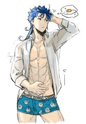 Rule 34 | 1boy, abs, alternate costume, alternate hairstyle, animal print, blue boxer briefs, blue hair, blue male underwear, boxer briefs, bulge, closed mouth, clothes writing, collarbone, collared shirt, cowboy shot, cu chulainn (fate), cu chulainn (fate/stay night), dog print, earrings, egg (food), fate/stay night, fate (series), food, fried egg, jewelry, long hair, long sleeves, looking to the side, male focus, male underwear, messy hair, muscular, muscular male, open clothes, open shirt, print boxer briefs, print clothes, print male underwear, print underwear, red eyes, shibanui, shirt, simple background, solo, spiked hair, thought bubble, underwear, underwear writing, white background, white shirt