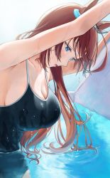Rule 34 | 1girl, ahoge, animal ears, armpits, arms up, backlighting, black one-piece swimsuit, blue eyes, blush, breasts, brown hair, cleavage, competition swimsuit, day, ear ornament, highres, horse ears, huziko32, large breasts, long hair, looking down, mihono bourbon (umamusume), one-piece swimsuit, open mouth, outdoors, partially submerged, pool, solo, sunlight, swimsuit, umamusume, very long hair, water