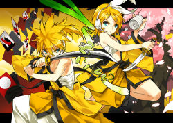 Rule 34 | 1boy, 1girl, blonde hair, blue eyes, brother and sister, card, cherry blossoms, cup, dagger, dice, fighting stance, floating card, gekokujou (vocaloid), hair between eyes, hair ornament, hair ribbon, hairclip, hanafuda, headset, holding, holding sword, holding weapon, japanese clothes, kagamine len, kagamine rin, knife, outside border, petals, ress, reverse grip, ribbon, sarashi, siblings, slashing, spring onion, sword, twins, vocaloid, weapon, yunomi