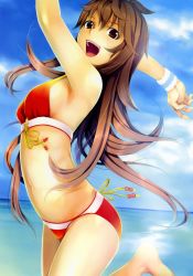 Rule 34 | 1girl, :d, armpits, arms up, bare shoulders, beach, bikini, brown hair, day, highres, leg up, long hair, mikazuki akira!, navel, ocean, open mouth, original, outdoors, red bikini, red eyes, scan, smile, solo, sweat, swimsuit, very long hair, water, wristband