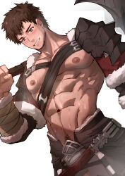 Rule 34 | 1boy, abs, adventurer (ff14), armor, axe, bara, bare pectorals, battle axe, beard stubble, blue eyes, blush, brown hair, chest harness, cowboy shot, dutch angle, facial hair, final fantasy, final fantasy xiv, grin, harness, highres, hyur, large pectorals, male focus, muscular, muscular male, nipples, over shoulder, pauldrons, pectorals, short hair, shoulder armor, smile, solo, standing, steaming body, stubble, sweat, thick eyebrows, v-taper, wan ma (wanma222), warrior of light (ff14), weapon, weapon over shoulder