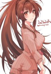 Rule 34 | 1girl, absurdres, blush, brown eyes, brown hair, brown sweater, cherry blossoms, closed mouth, dated, flower, hair between eyes, hair flower, hair ornament, highres, kantai collection, long hair, long sleeves, looking at viewer, one-hour drawing challenge, pink flower, ponytail, ribbed sweater, shiomugi (shio mugi1107), simple background, smile, solo, sweater, twitter username, upper body, very long hair, white background, yamato (kancolle)
