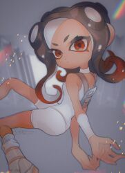 Rule 34 | 1girl, :|, absurdres, arm warmers, arms behind back, artist name, bare shoulders, black hair, bodysuit, breasts, choker, closed mouth, end (7 d w), gradient hair, highres, hip bones, long hair, looking at viewer, multicolored hair, nintendo, octoling, octoling girl, octoling player character, pantylines, red eyes, red hair, single arm warmer, sleeveless, sleeveless bodysuit, small breasts, socks, solo, splatoon (series), splatoon 3, splatoon 3: side order, stirrup legwear, suction cups, tentacle hair, toeless legwear, twitter username, two-tone hair, v-shaped eyebrows, white bodysuit, white choker, white socks, zipper
