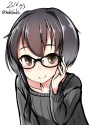 Rule 34 | 10s, 1girl, adjusting eyewear, bad id, bad pixiv id, bespectacled, black eyes, black hair, dated, glasses, kantai collection, leaning forward, looking at viewer, nekobaka, ribbed sweater, short hair with long locks, signature, simple background, smile, solo, sweater, tokitsukaze (kancolle)