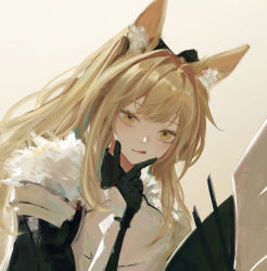 Rule 34 | 1girl, 7ife, absurdres, animal ear fluff, animal ears, arknights, armor, bad id, bad pixiv id, beige background, black gloves, blemishine (arknights), blonde hair, fur trim, gloves, hand on own face, head tilt, highres, horse ears, long hair, looking at viewer, shield, simple background, solo, tongue, tongue out, upper body, v, yellow eyes