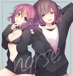 Rule 34 | 2girls, arm behind head, black bra, black hoodie, bow, bow bra, bra, breasts, brown hair, character name, character request, cleavage, commentary request, fingernails, hair between eyes, hair ornament, hairclip, hand in pocket, head tilt, hood, hood down, hoodie, indie utaite, kuroi (liar-player), long sleeves, looking at viewer, medium breasts, multiple girls, nail polish, niconico, nqrse, open clothes, open hoodie, parted lips, partially unzipped, pink hair, pink nails, purple eyes, ribbon-trimmed bra, shirt, short hair, sleeves past wrists, smile, twitter username, underwear, utaite, white shirt, x hair ornament