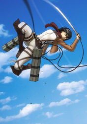 Rule 34 | 1girl, black hair, blue sky, boots, cable, cropped jacket, day, dual wielding, holding, knee boots, mikasa ackerman, polarityplus, scarf, shingeki no kyojin, short hair, sky, solo, sword, thigh strap, three-dimensional maneuver gear, weapon