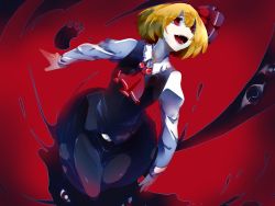 Rule 34 | 1girl, ascot, black skirt, black vest, blonde hair, collared shirt, darkness, fangs, highres, ikurauni, long skirt, long sleeves, open mouth, red background, red eyes, rumia, sharp teeth, shirt, short hair, skirt, solo, teeth, thighs, tongue, touhou, vest
