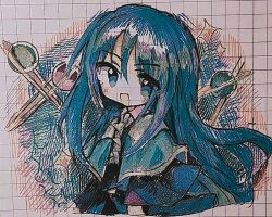 Rule 34 | 1other, androgynous, ascot, blue capelet, blue coat, blue eyes, blue hair, capelet, chinese commentary, chuqi1030, clause (len&#039;en), coat, collared shirt, commentary request, graph paper, grey ascot, grey trim, len&#039;en, long hair, open mouth, other focus, pink shirt, shirt, short sleeves, smile, solo, traditional media, upper body