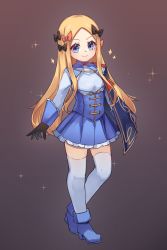 Rule 34 | 1girl, abigail williams (fate), black bow, blonde hair, blue dress, blue eyes, blue footwear, blush, bow, breasts, cape, cosplay, dress, melusine (fate), fate/grand order, fate (series), forehead, frills, full body, hair bow, highres, long hair, long sleeves, looking at viewer, melusine (fate) (cosplay), miya (miyaruta), multiple bows, orange bow, parted bangs, small breasts, smile, solo, thighhighs, white thighhighs