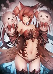 Rule 34 | 10s, 1girl, :d, animal ears, bad id, bad twitter id, bare shoulders, boots, bow, bowtie, breasts, brooch, cerberus (shingeki no bahamut), cleavage, cowboy shot, dog ears, gluteal fold, granblue fantasy, hand puppet, jewelry, long hair, looking at viewer, medium breasts, navel, open mouth, panties, puppet, red bow, red bowtie, red eyes, red hair, red panties, revealing clothes, shingeki no bahamut, side-tie panties, sideboob, smile, snm (sunimi), solo, stomach, thigh boots, thighhighs, twintails, underwear, very long hair