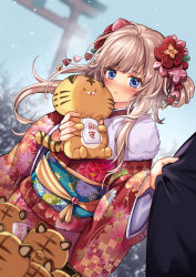 Rule 34 | 1girl, blue eyes, blue sky, blurry, blurry background, blush, brown hair, chinese zodiac, closed mouth, commentary request, day, depth of field, floral print, flower, fur collar, hair bun, hair flower, hair ornament, highres, holding, holding stuffed toy, japanese clothes, kimono, long hair, long sleeves, obi, original, outdoors, print kimono, red flower, red kimono, ruri rarako, sash, side bun, single hair bun, single side bun, sky, snowing, solo focus, stuffed animal, stuffed tiger, stuffed toy, torii, very long hair, wide sleeves, year of the tiger