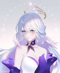 Rule 34 | 1girl, 707arisu, aqua eyes, armpit crease, bare shoulders, breasts, cleavage, collar, detached collar, detached sleeves, earrings, hair between eyes, halo, hashtag-only commentary, head wings, highres, honkai: star rail, honkai (series), jewel under eye, jewelry, large breasts, long hair, looking at viewer, necklace, purple collar, purple sleeves, robin (honkai: star rail), signature, smile, solo, upper body, white background, white hair, wings