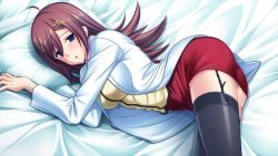 Rule 34 | 1girl, ass, bed, blue eyes, blush, breasts, brown hair, game cg, garter straps, hypnosis, koube minami, lab coat, large breasts, legs, long hair, lying, mind control, on side, pillow, saiminbo, skirt, solo, sumeragi yuusuke, thighhighs, thighs