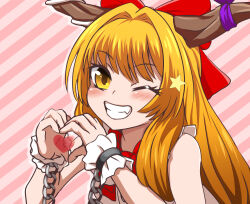 Rule 34 | 1girl, bare shoulders, blush, bow, chain, fang, grin, hair bow, heart, heart hands, horn bow, horn ornament, horns, ibuki suika, one eye closed, red bow, smile, solo, star (symbol), striped, striped background, touhou, upper body, wasawasa (niwasawasa), wrist cuffs, yellow eyes