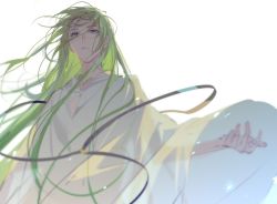 Rule 34 | 1boy, androgynous, backlighting, blue eyes, cloak, enkidu (fate), expressionless, fate/grand order, fate (series), green hair, jewelry, looking at viewer, male focus, necklace, rrr (reason), solo, wind