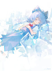 Rule 34 | 1girl, ahoge, blue bow, blue dress, blue eyes, blue hair, bow, cirno, closed eyes, collared shirt, dress, hair bow, hands on own stomach, highres, ice, parted lips, shirt, short hair, short sleeves, siyumu, sleeping, solo, touhou