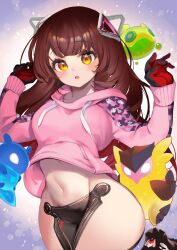 Rule 34 | 1girl, 3others, :o, android, arms up, ass, black gloves, blunt bangs, blush, breasts, brown hair, chestnut mouth, commentary, cowboy shot, creature, dokkumaa, gloves, gradient hair, groin, hair ornament, highres, hololive, hood, hood down, hoodie, long hair, long sleeves, looking at viewer, mechanical legs, medium breasts, midriff, multicolored background, multicolored clothes, multicolored gloves, multicolored hair, multiple others, navel, no pants, paw print, pink hoodie, red gloves, red hair, roboco-san, roboco-san (hoodie), thick thighs, thighs, triangle hair ornament, triangle print, valorant, virtual youtuber, yellow eyes
