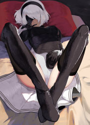 Rule 34 | 1girl, bed, beijuu, black footwear, black thighhighs, blindfold, boots, cameltoe, finger to mouth, highres, legs up, leotard, leotard under clothes, lying, mole, mole under mouth, nier (series), nier:automata, on back, pillow, silver hair, solo, spread legs, thigh boots, thighhighs, 2b (nier:automata)