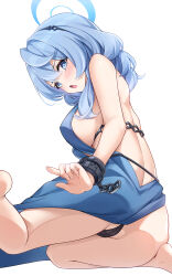 Rule 34 | 1girl, ako (blue archive), ako (dress) (blue archive), ass, back, backless dress, backless outfit, bare shoulders, black panties, blue archive, blue dress, blue eyes, blue hair, blue halo, breasts, butt crack, commentary request, dress, from behind, from below, halo, highres, large breasts, looking at viewer, looking back, medium hair, nanoyo, panties, sideboob, simple background, sitting, solo, underwear, wariza, white background