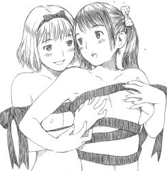 2girls bob_cut bow breasts grabbing_another&#039;s_breast greyscale groping highres long_hair monochrome multiple_girls naked_ribbon nipples non-web_source nude original ribbon sketch small_breasts surprised twintails upper_body yug_(ekaki) yuri