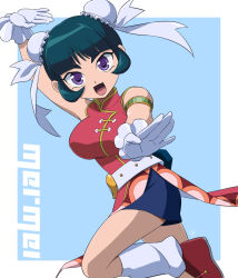 Rule 34 | 1girl, artist request, bare shoulders, beyblade, boots, character name, china dress, chinese clothes, double bun, dress, female focus, gloves, hair bun, mei mei (beyblade), metal fight beyblade, open mouth, purple eyes, short hair, smile, socks, solo, tongue, white gloves, white socks