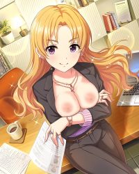 Rule 34 | 1girl, annindoufu (oicon), belt, blonde hair, book, breasts, breasts out, character name, cleavage, coffee cup, computer, cup, disposable cup, earrings, gem (symbol), highres, idolmaster, idolmaster cinderella girls, jewelry, keyboard (computer), kiryu tsukasa (idolmaster), laptop, long hair, medium breasts, necklace, nipples, no bra, nude filter, purple eyes, ring, solo, third-party edit