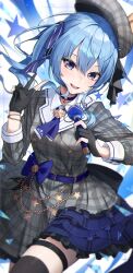 Rule 34 | 1girl, absurdres, beret, blue eyes, blue hair, clrawing, fingerless gloves, gloves, grey hat, hat, highres, hololive, hoshimachi suisei, juliet sleeves, long sleeves, medium hair, open mouth, puffy sleeves, shirt, smile, solo, virtual youtuber