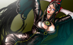 Rule 34 | 1girl, arms behind head, arms up, bayonetta, bayonetta (series), bayonetta 1, blue eyes, bodysuit, breasts, cleavage, cleavage cutout, clothing cutout, dutch angle, eyeshadow, female focus, glasses, gradient background, large breasts, lips, lipstick, makeup, mole, mole under mouth, solo, take (draghignazzo), wallpaper
