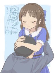 Rule 34 | 1boy, 1girl, age difference, black hair, black jacket, blue background, blue bow, blue dress, blush, bow, brown hair, business suit, caressing, closed eyes, collarbone, commentary request, dress, formal, hair bow, hands on another&#039;s head, height difference, highres, hug, idolmaster, idolmaster cinderella girls, idolmaster cinderella girls u149, jacket, lace-trimmed sleeves, lace trim, long hair, long sleeves, pants, producer (idolmaster), short hair, short sleeves, sidelocks, smile, squatting, suit, tachibana arisu, triangle mouth, upper body, yuzu-p