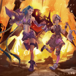 Rule 34 | 2girls, bags under eyes, bandages, bandaid, bare shoulders, bikini, bikini top only, blonde hair, blue eyes, blue hair, borderlands (series), borderlands 2, braid, bullet, fingerless gloves, flat chest, gloves, grin, hairline, jewelry, jinx (league of legends), league of legends, long hair, mask, multiple girls, nail polish, navel, necklace, purple eyes, sgfw, smile, stuffed animal, stuffed toy, swimsuit, tattoo, thighhighs, tiny tina, trait connection, twin braids, very long hair, weapon