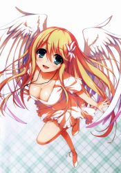 Rule 34 | 1girl, :d, absurdres, angel wings, ankle lace-up, blonde hair, breasts, cleavage, cross-laced footwear, dress, elise (koakuma teeri to kyuuseishu!?), feathered wings, flower, full body, green eyes, hair flower, hair ornament, highres, koakuma teeri to kyuuseishu!?, large breasts, long hair, non-web source, open mouth, shoes, simple background, smile, solo, tomose shunsaku, white background, white dress, wings