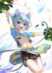 Rule 34 | 1girl, :d, \o/, adapted costume, ahoge, alternate hairstyle, animal ears, arms up, bird, breasts, cheerleader, dove, full body, happy, highres, jewelry, jumping, kakedashi, legs together, mouse ears, mouse tail, navel, nazrin, open mouth, outstretched arms, pendant, pom pom (cheerleading), ponytail, shoes, skirt, small breasts, smile, solo, tail, touhou, upshirt