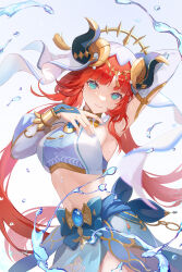 Rule 34 | 1girl, aqua eyes, arm behind head, arm up, armpits, blue bow, blue gemstone, blue nails, blue skirt, bow, bracer, breasts, brooch, chinese commentary, circlet, closed mouth, commentary request, crop top, detached sleeves, fake horns, floating hair, gem, genshin impact, gold trim, hand up, harem outfit, highres, horns, huziyu, jewelry, long hair, long sleeves, looking at viewer, low twintails, medium breasts, nail polish, navel, neck ring, nilou (genshin impact), parted bangs, puffy long sleeves, puffy sleeves, red hair, sidelocks, simple background, skirt, smile, solo, stomach, twintails, veil, very long hair, water, white background