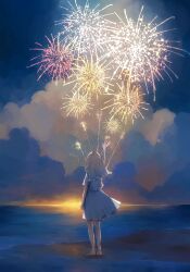 Rule 34 | 1girl, aerial fireworks, anna (k0130), arm at side, arm up, barefoot, beach, cloud, cloudy sky, commentary, english commentary, facing away, fireworks, from behind, high-waist skirt, highres, horizon, long hair, ocean, original, outdoors, pleated skirt, shirt, short sleeves, skirt, sky, solo, standing, sunset, twilight, water, white hair, white shirt, white skirt