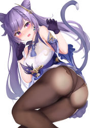 Rule 34 | 1girl, absurdres, ass, bare shoulders, blush, breasts, brown pantyhose, cat tail, double bun, dress, genshin impact, gloves, hair bun, hair ornament, highres, keqing (genshin impact), kuro (blackpgmickey), large breasts, long hair, looking at viewer, open mouth, panties, panties under pantyhose, pantyhose, purple dress, purple eyes, purple gloves, purple hair, swept bangs, tail, thighs, twintails, underwear