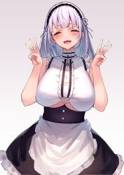 Rule 34 | 1girl, absurdres, apron, azur lane, bare shoulders, black hairband, blush, breasts, closed eyes, clothing cutout, commentary request, dido (azur lane), hairband, hands up, highres, huge breasts, long hair, maid, open mouth, silver hair, sleeveless, smile, solo, standing, underboob, underboob cutout, waist apron, white apron, yamanokami eaka