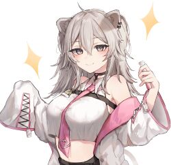 Rule 34 | ahoge, animal ear fluff, animal ears, bare shoulders, black choker, black shirt, breast pocket, breasts, chest strap, choker, collared shirt, commentary, cosplay, crop top, crop top overhang, cropped shirt, ear piercing, grey eyes, grey hair, hair between eyes, hakui koyori, hakui koyori (cosplay), highres, holding, holding test tube, hololive, koumimi, lab coat, large breasts, lion ears, long hair, messy hair, midriff, necktie, piercing, pink necktie, pocket, shirt, shishiro botan, sidelocks, sleeveless, sleeveless shirt, sleeves past fingers, sleeves past wrists, sparkle background, stopwatch, test tube, two side up, virtual youtuber, w arms, watch, white background, white shirt, wide sleeves