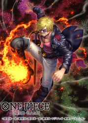 Rule 34 | 1boy, belt, blonde hair, boots, cigarette, clenched hand, commentary request, copyright name, curly eyebrows, epaulettes, fire, incoming attack, looking at viewer, male focus, official art, one piece, one piece card game, pants, pink shirt, sanji (one piece), shirt, short hair, smoke, solo, sunglasses, sword, tatsuya (atelier road), thigh boots, tinted eyewear, torn clothes, torn pants, weapon, white pants