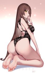 Rule 34 | 1girl, artist name, ass, barefoot, blush, breasts, brown hair, commission, from behind, gradient background, green eyes, highres, indie virtual youtuber, journey croix, kneeling, lingerie, long hair, medium breasts, ringeko-chan, second-party source, soles, solo, teddy (lingerie), underwear, very long hair, virtual youtuber