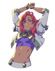 1girl absurdres arms_up cropped_torso dark-skinned_female dark_skin female_focus fire_emblem fire_emblem:_three_houses garreg_mach_monastery_uniform hapi_(fire_emblem) highres matching_hair/eyes midriff mikkusushi navel nintendo red_eyes red_hair simple_background solo upper_body white_background