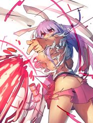 Rule 34 | 1girl, aiming, aiming at viewer, animal ears, ass, back, breasts, butt crack, carrot, exploding clothes, female focus, large breasts, long hair, lunatic gun, melon22, no bra, puffy short sleeves, puffy sleeves, purple hair, rabbit ears, red eyes, reisen udongein inaba, shirt, short sleeves, skirt, solo, torn clothes, torn shirt, torn skirt, torn sleeves, touhou, underboob, very long hair
