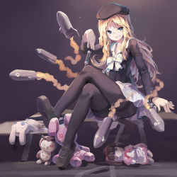 Rule 34 | 1girl, beret, black pantyhose, blonde hair, blue eyes, buttons, commentary request, crossed legs, doll, frenda seivelun, full body, grin, hat, highres, holding, huanxiang huifeng, long hair, missile, pantyhose, parted lips, pleated skirt, ribbon, school uniform, shoes, sitting, skirt, smile, solo, stuffed animal, stuffed rabbit, stuffed toy, toaru kagaku no railgun, toaru majutsu no index, white ribbon, white skirt